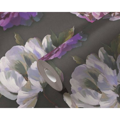 Álomszép nagyméretű akvarell virág (rózsa) motívum fekete zöld fehér és lila tónus tapéta