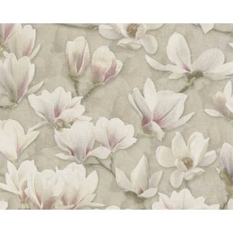  Nyíladozó pompásan virágzó magnóliák karcsú ágakon bézs barna krém zöld/szürkészöld és rózsaszín tónus tapéta