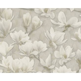   Nyíladozó pompásan virágzó magnóliák karcsú ágakon bézs/szürkésbézs fehér és zöld/szürkészöld tónus tapéta