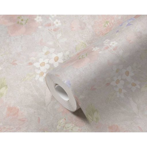 A festő ecsetje már pihen - Művészi Vintage virágábrázolás szürke liláskék zöld rózsaszín és fehér tónus tapéta