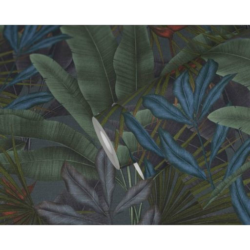 Trópusi pálmalevél a dzsungel legszebb lapjaiból textil (szatén) háttéren zöld szürke kék korallszín és sötétszürke tónus tapéta