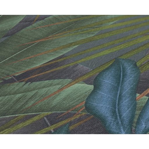 Trópusi pálmalevél a dzsungel legszebb lapjaiból textil (szatén) háttéren zöld szürke kék korallszín és sötétszürke tónus tapéta