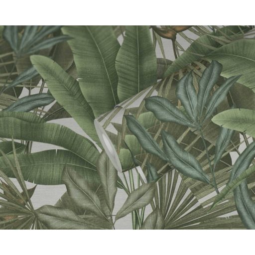 Trópusi pálmalevél a dzsungel legszebb lapjaiból textil (szatén) háttéren fehér zöld és barna/zöldesbarna tónus tapéta