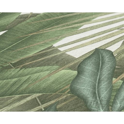 Trópusi pálmalevél a dzsungel legszebb lapjaiból textil (szatén) háttéren fehér zöld és barna/zöldesbarna tónus tapéta