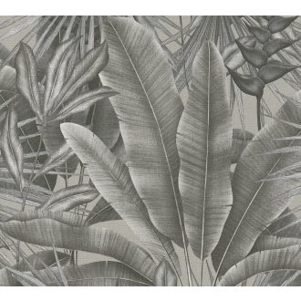   Trópusi pálmalevél a dzsungel legszebb lapjaiból textil (szatén) háttéren bézs szürke szürkésbézs és sötétszürke tónus tapéta