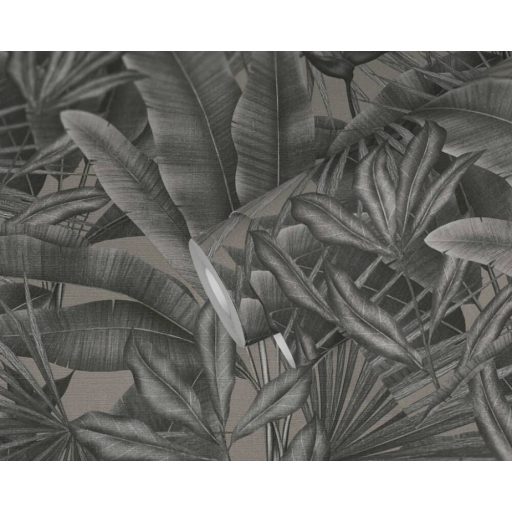 Trópusi pálmalevél a dzsungel legszebb lapjaiból textil (szatén) háttéren bézs szürke szürkésbézs és sötétszürke tónus tapéta
