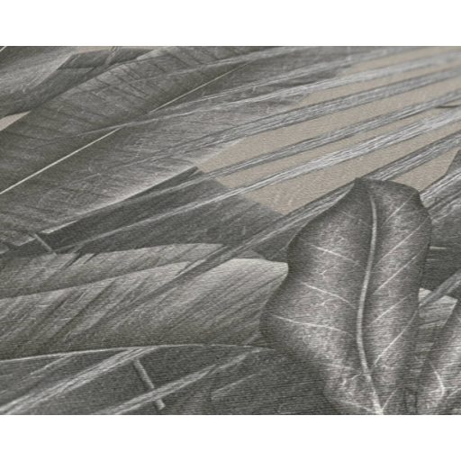 Trópusi pálmalevél a dzsungel legszebb lapjaiból textil (szatén) háttéren bézs szürke szürkésbézs és sötétszürke tónus tapéta