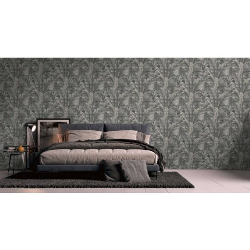 Trópusi pálmalevél a dzsungel legszebb lapjaiból textil (szatén) háttéren bézs szürke szürkésbézs és sötétszürke tónus tapéta