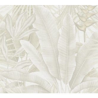   Trópusi pálmalevél a dzsungel legszebb lapjaiból textil (szatén) háttéren bézs szürkésbézs és krémfehér tónus tapéta