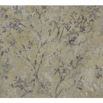   Karcsú ágakon akvarell megjelenésű virágok levelek koptatott háttéren szürke barna és fémes arany tónus tapéta