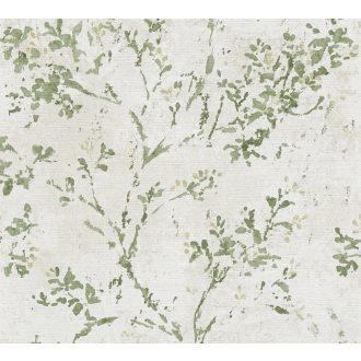   Karcsú ágakon akvarell megjelenésű virágok levelek koptatott háttéren krém bézs zöld és arany tónus fémes hatás tapéta