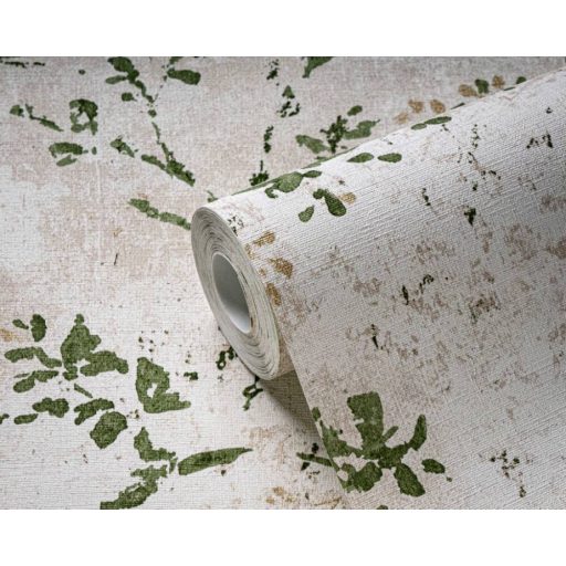 Karcsú ágakon akvarell megjelenésű virágok levelek koptatott háttéren krém bézs zöld és arany tónus fémes hatás tapéta