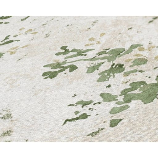 Karcsú ágakon akvarell megjelenésű virágok levelek koptatott háttéren krém bézs zöld és arany tónus fémes hatás tapéta