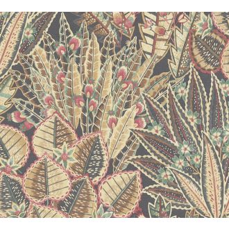   Változatos és színes trópusi levélmotívum fekete bézs sárga zöld és piros tónus tapéta