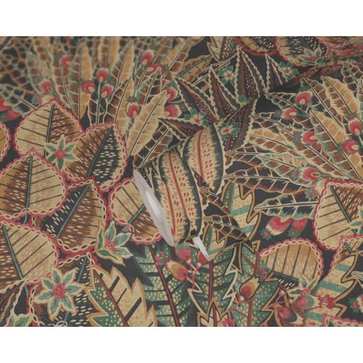 Változatos és színes trópusi levélmotívum fekete bézs sárga zöld és piros tónus tapéta