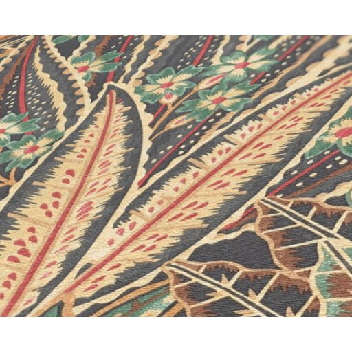 Változatos és színes trópusi levélmotívum fekete bézs sárga zöld és piros tónus tapéta