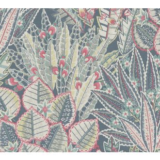   Változatos és színes trópusi levélmotívum kék zöld szürke sárga és piros tónus tapéta