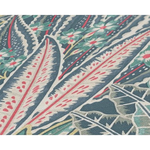 Változatos és színes trópusi levélmotívum kék zöld szürke sárga és piros tónus tapéta