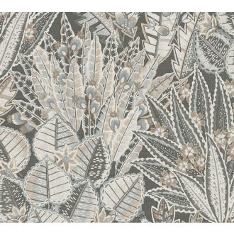   Változatos és színes trópusi levélmotívum fekete barna szürke bézs és törtfehér tónus tapéta