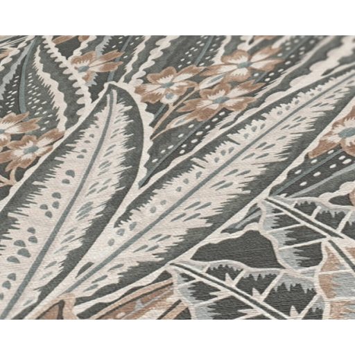 Változatos és színes trópusi levélmotívum fekete barna szürke bézs és törtfehér tónus tapéta