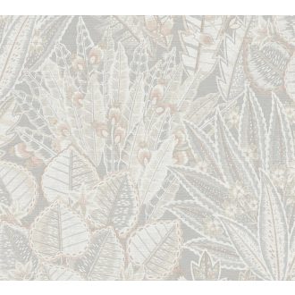   Változatos és színes trópusi levélmotívum krém bézs szürke és halvány narancs tónus tapéta