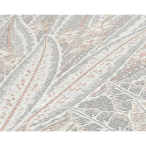 Változatos és színes trópusi levélmotívum krém bézs szürke és halvány narancs tónus tapéta