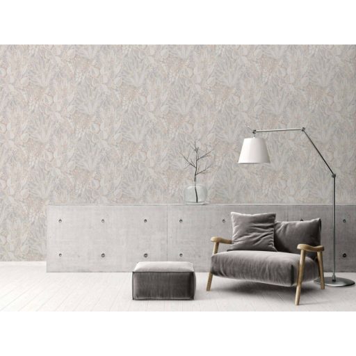 Változatos és színes trópusi levélmotívum krém bézs szürke és halvány narancs tónus tapéta