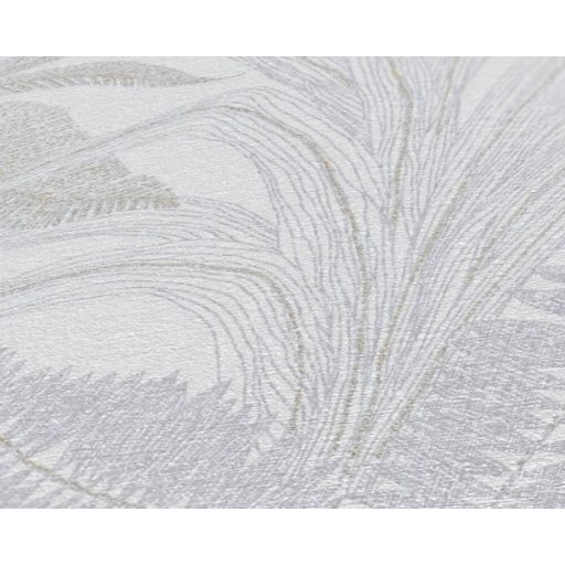 Trópusi levélmintás dekor textil háttéren krémszürke bézs szürke és fémes arany tónus tapéta