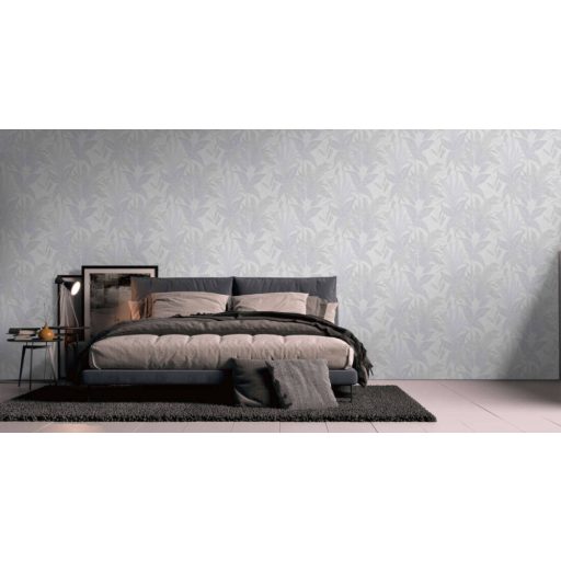 Trópusi levélmintás dekor textil háttéren krémszürke bézs szürke és fémes arany tónus tapéta