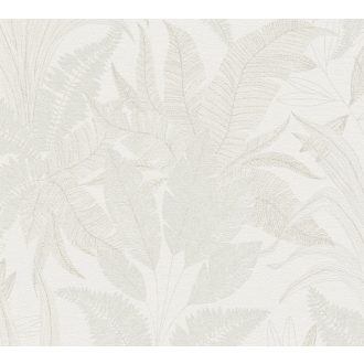   Trópusi levélmintás dekor textil háttéren krém bézs és fémes arany tónus tapéta