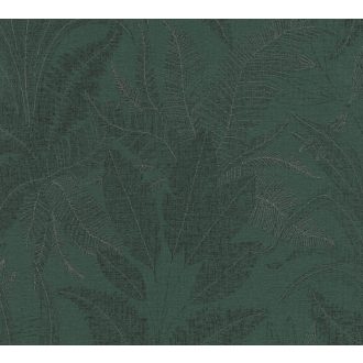   Trópusi levélmintás dekor textil háttéren zöld/sötétzöld és fémes arany tónus tapéta