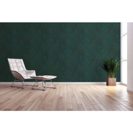 Trópusi levélmintás dekor textil háttéren zöld/sötétzöld és fémes arany tónus tapéta