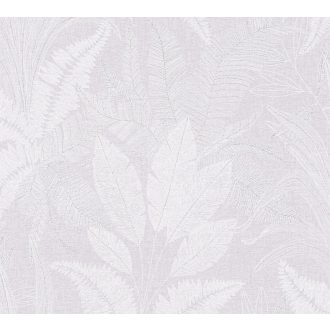   Trópusi levélmintás dekor textil háttéren halvány rózsaszín törtfehér és fémes ezüst tónus tapéta