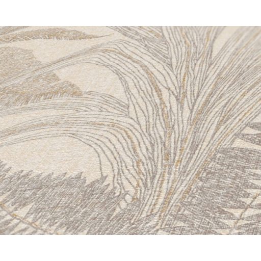 Trópusi levélmintás dekor textil háttéren bézs szürke szürkésbézs és fémes arany tónus tapéta