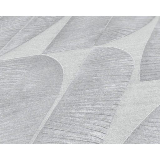 Absztrakt banánlevél mintázat sorokba rendezve 3D texturált felülettel világosszürke és szürke tónus tapéta