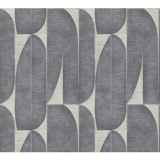   Absztrakt banánlevél mintázat sorokba rendezve 3D texturált felülettel bézs/szürkésbézs és sötétszürke/antracit tónus tapéta