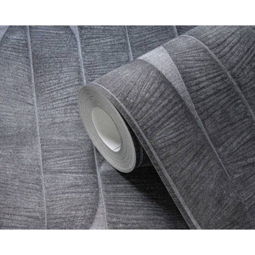 Absztrakt banánlevél mintázat sorokba rendezve 3D texturált felülettel szürke és sötétszürke/antracit tónus tapéta