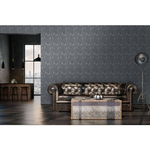 Absztrakt banánlevél mintázat sorokba rendezve 3D texturált felülettel szürke és sötétszürke/antracit tónus tapéta