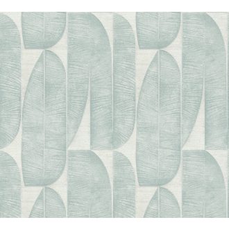   Absztrakt banánlevél mintázat sorokba rendezve 3D texturált felülettel krém és zöld/kékeszöld tónus tapéta