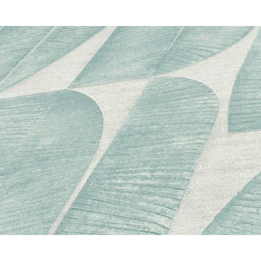 Absztrakt banánlevél mintázat sorokba rendezve 3D texturált felülettel krém és zöld/kékeszöld tónus tapéta