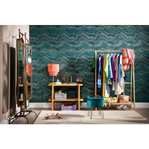 Modern rétegződött lerakódású márvány mintázat fémes elemekkel zöld zöldeskék fémes arany és bronz tónus tapéta