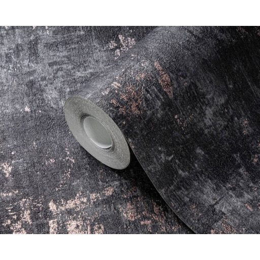 Koptatott antik beton mintázat fémes elemekkel sötétszürke/antracit és fémes vörösréz/bronz tónus tapéta