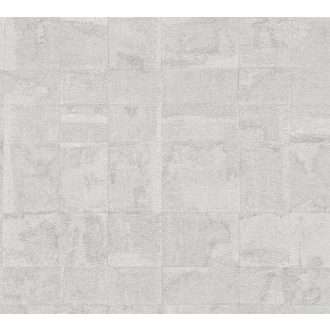   Fémes elemekkel díszített modern csempehatású 3D beton mintázat krémszürke szürke és ezüst tónus tapéta