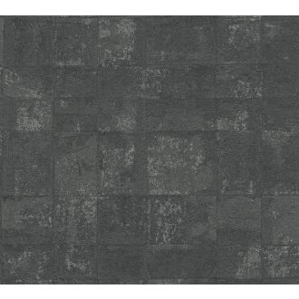   Fémes elemekkel díszített modern csempehatású 3D beton mintázat sötétszürke/antracit és ezüst tónus tapéta
