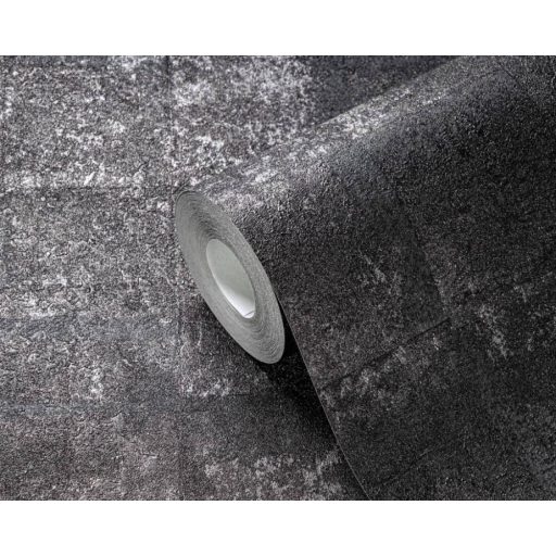 Fémes elemekkel díszített modern csempehatású 3D beton mintázat sötétszürke/antracit és ezüst tónus tapéta