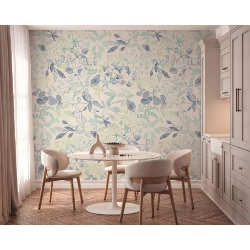 Változatos levelek plasztikus megjelenésű grafikus panorámája fehér kék zöld és sokszínű tónus falpanel