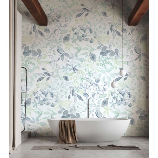 Változatos levelek plasztikus megjelenésű grafikus panorámája fehér kék zöld és sokszínű tónus falpanel