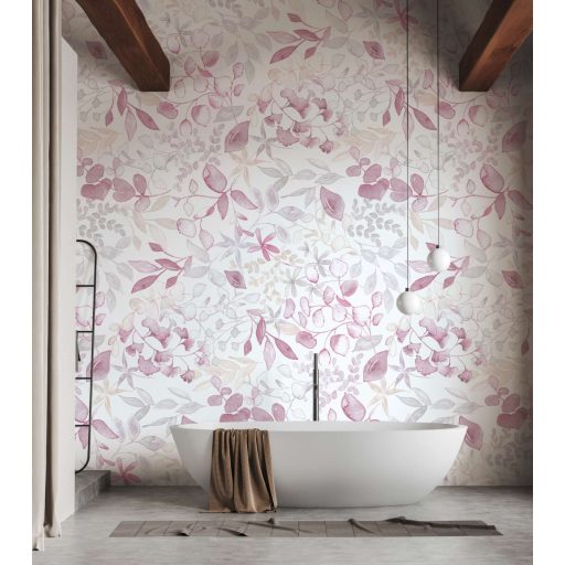 Változatos levelek plasztikus megjelenésű grafikus panorámája fehér bézs rózsaszín és mályva tónus falpanel