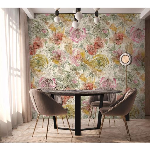 Vidám színes és grafikus virág/szirom panoráma fehér sárga rózsaszín és sokszínű tónus falpanel