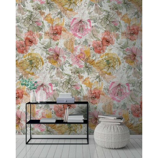 Vidám színes és grafikus virág/szirom panoráma fehér sárga rózsaszín és sokszínű tónus falpanel